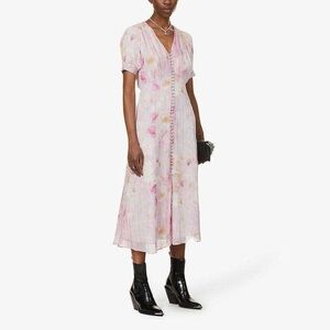 The Kooples Button Front Long Pink Floral Print Crepe Midi Dress 1 Small